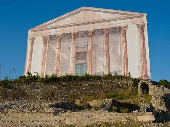 Tempio di Ercole Vincitore (fondale dipinto con l'ipotesi di ricostruzione della facciata)