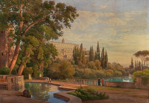 Salomon Corrodi, Il cardinale von Hohenlohe con Franz Liszt affacciati alle peschiere di Villa d'Este, 1870 @ Pubblicato su https://www.tibursuperbum.it per cortesia dell'antiquario Paolo Antonacci di via del Babuino 141/a in Roma
