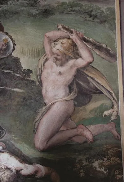 ..., ipsum (Tibur) ab Hercule Osyridis filio conditum esse, pluribus assequi videmur coniecturis. Is enim ...,ferina amictus pelle clavaque armatus lignea ... (cap. IV, pag. 8) (Particolare dell'affresco nella Prima Stanza Tiburtina a Villa d'Este, appartamento inferiore, 1569)