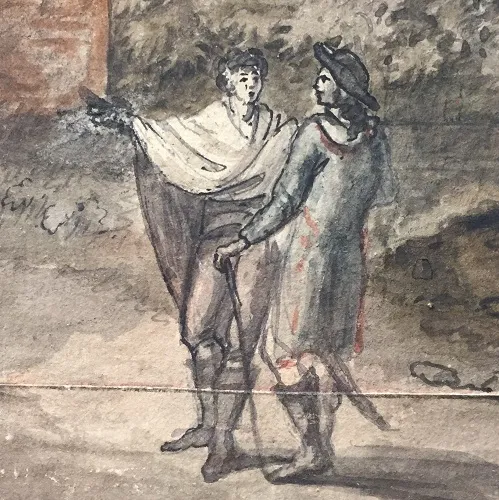 Particolare con guida che illustra ad un cavaliere il Tempio della Sibilla